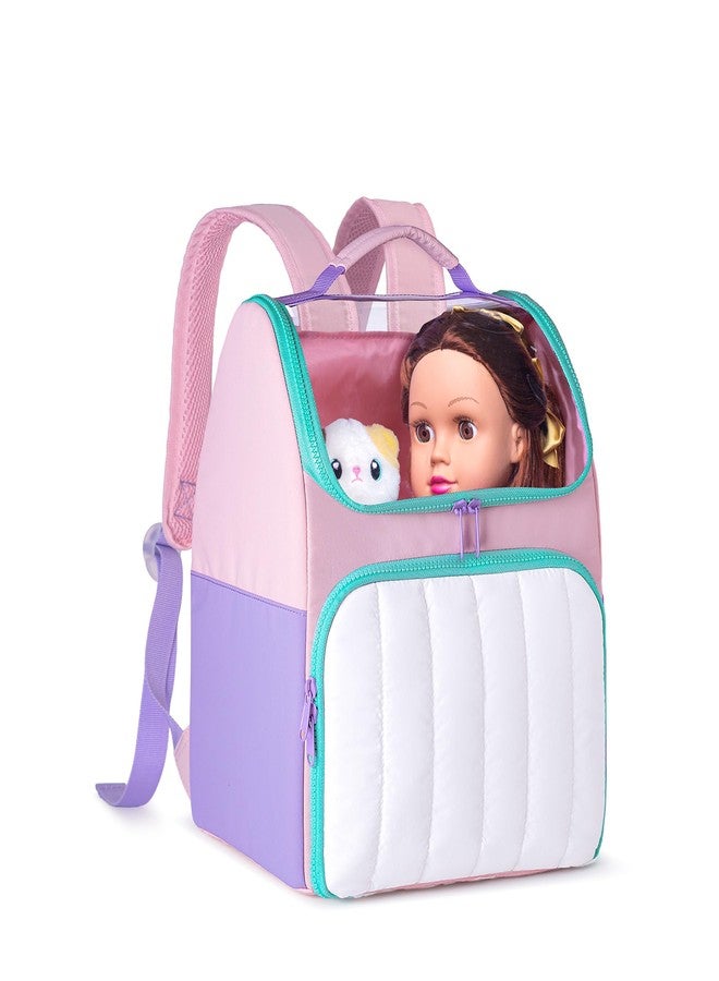 LoDrid 18 Inch Doll Carrying Backpack with Top Clear Window, Lightweight Puffy Storage Bag with Handle and Adjustable Straps, Travel Carrier Case for Dolls Clothes and Accessories, Pink, Bag Only - Image 1